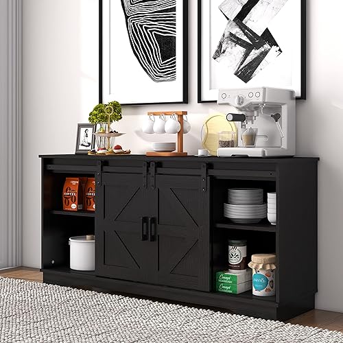 Panana Bar Cabinet with Barn 2 Sliding Doors Buffet Farmhouse Storage Cabinet TV Stand (Black)