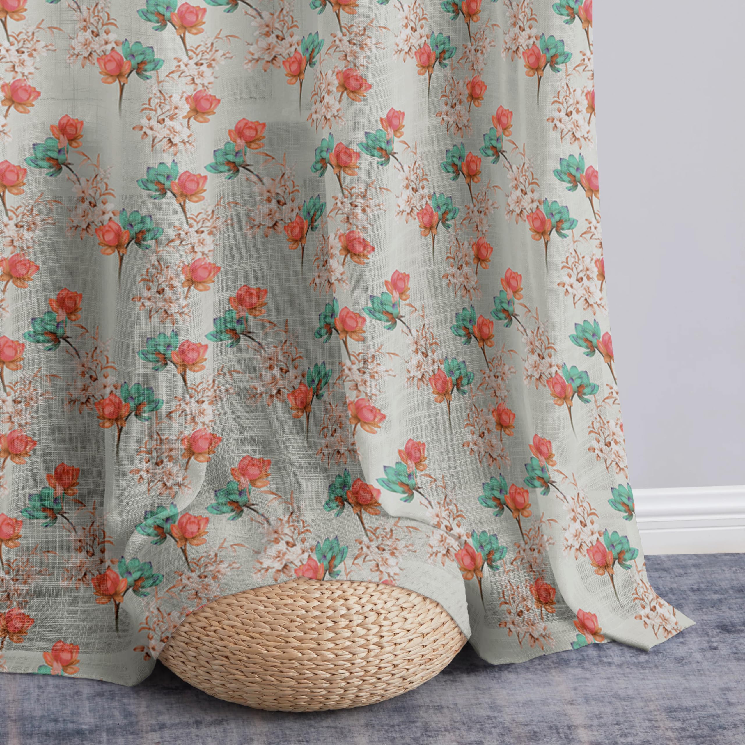 Story@Home Long Door Curtains 9 Feet Long Set of 1 | Floral Printed | Semi Transparent Curtain | Net Curtains | Sheer Curtain for Living Room | (118 X 275 Cm, Grey & Green) | Perfect for Home Decor
