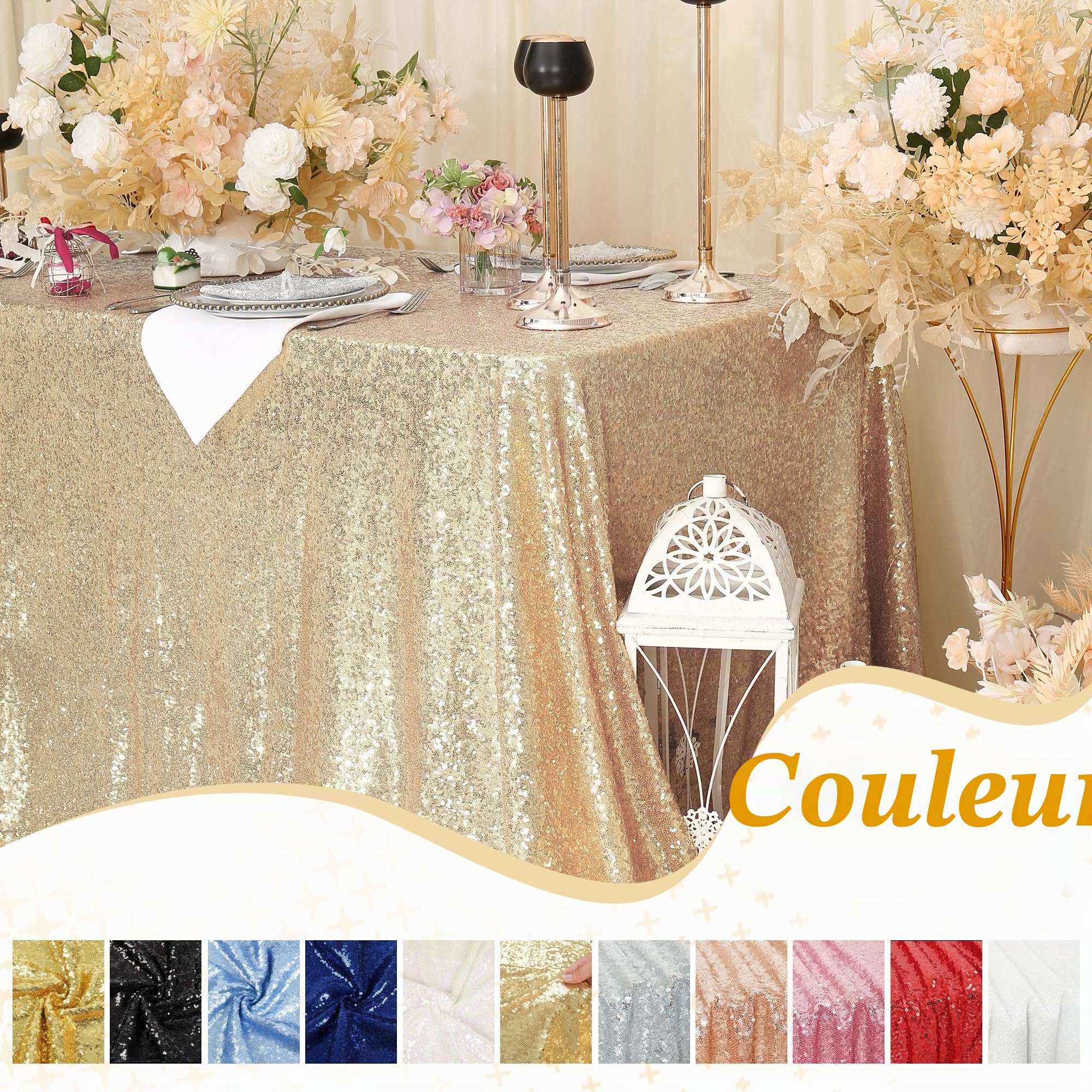Eternal Beauty Nappe rectangulaire à paillettes dorées claires 152 x 305 cm pour mariage, Halloween, Noël, fête, banquet, Nouvel An