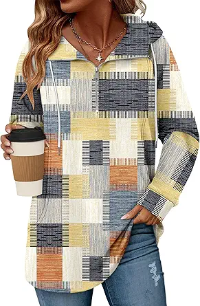 onlypuff Women Hoodie Pullover Trendy Quarter Zipper Lapel Sweatshirts Drawstring Cute Hooded Tunic Tops with Side Pockets