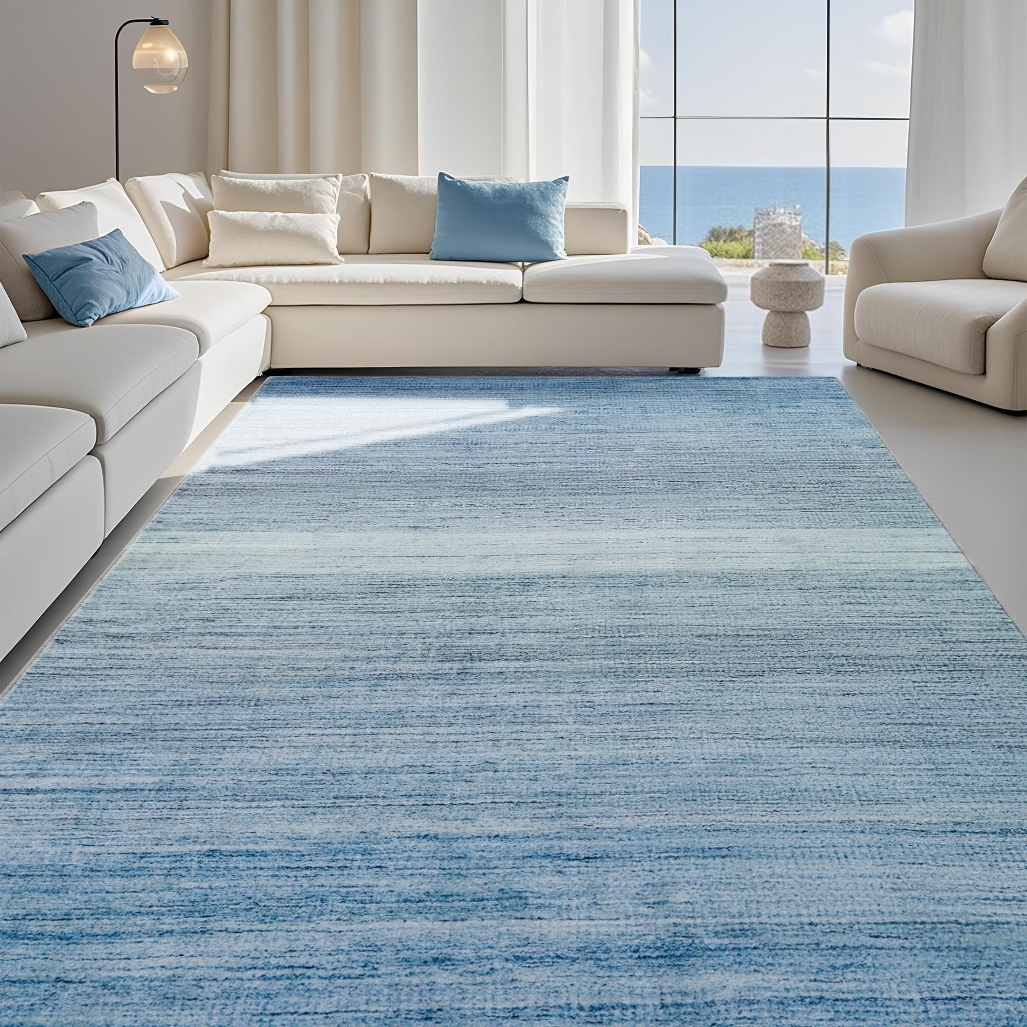 Carvapet 8x10 Area Rug for Living Room Bedroom, Ombre Blue10 x 8 Low Pile Large Carpet, Non Slip Rubber Backing, Foldable Machine Washable Area Rug