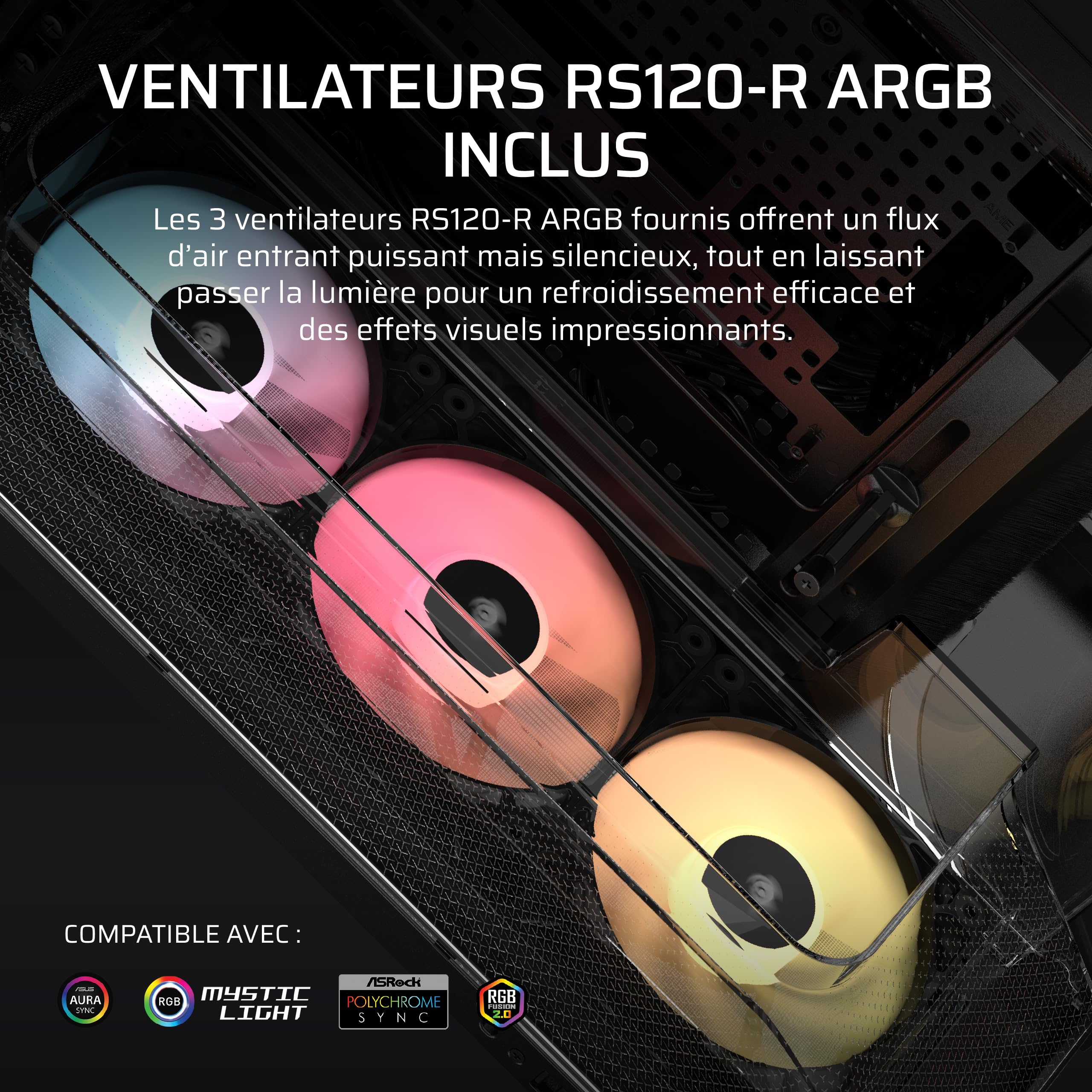 CORSAIR AIR 5400 RS-R ARGB Boîtier PC Triple Chambre Moyen-Tour – Noir | 3x Ventilateurs RS-R ARGB Inclus, Panoramique, Chambre Isolée pour AIO 360mm, Compatible Mères À Connexion Inversée