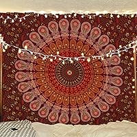 Vista 4 de Bless International - Tapiz hippie indio bohemio psicodélico azul dorado pavo real mandala colgante en la pared (amarillo granate, póster