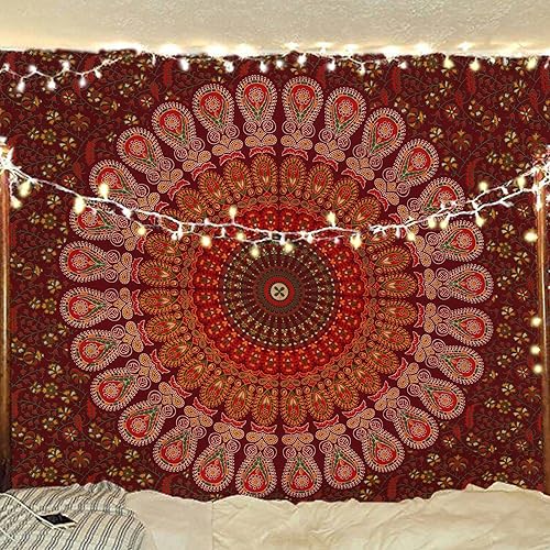 Miniatura 147 de Tapiz hippie indio bohemio psicodélico dorado mandala de pavo real azul dorado para colgar en la pared (naranja marrón, King (88 x 104 pulgadas)