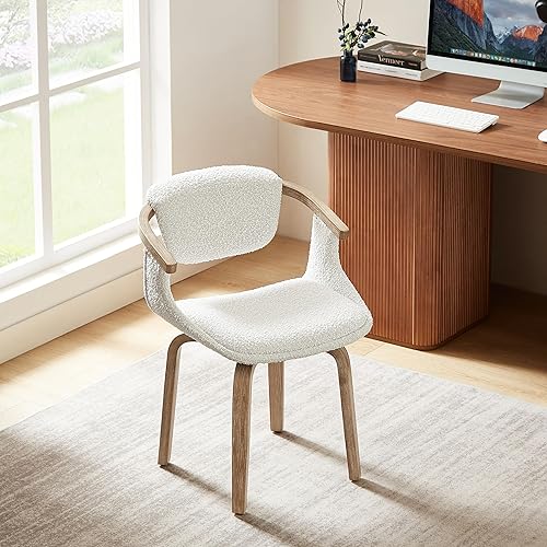 Miniatura 6 de Zouron Silla de escritorio giratoria sin ruedas, silla de oficina moderna de mediados de siglo, silla de comedor Boucle con patas de madera, silla