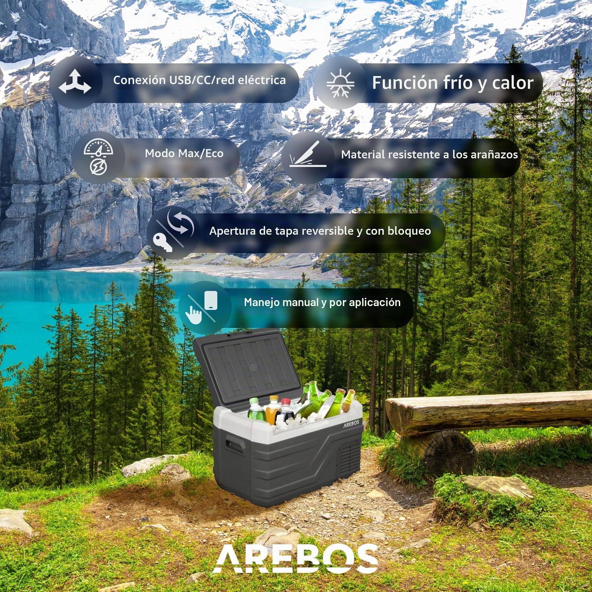Arebos Nevera con compresor 26 litros, congelador eléctrico inteligente, congelador móvil USB, -20 °C, 12/24 V 230 V, coche, camión, camping