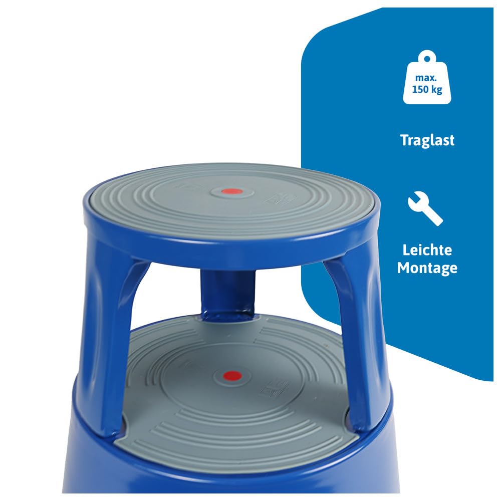 Dönges Rollhocker aus Metall | Bis 150 kg Tragkraft | TÜV & GS geprüfter Tritthocker für Büro, Gewerbe & Heim | Elefantenfuß, Hocker in blau