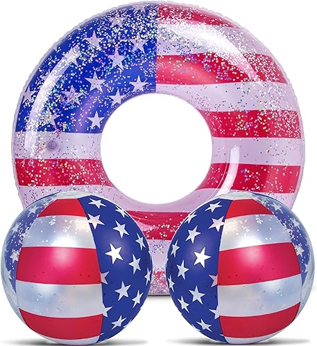 POZA Inflatable USA Pool Float - Luxurious Fun Lounger Filled with Sparkle Silver Stars Confetti Cool USA Flag Design Water Swimming Pool Floaties