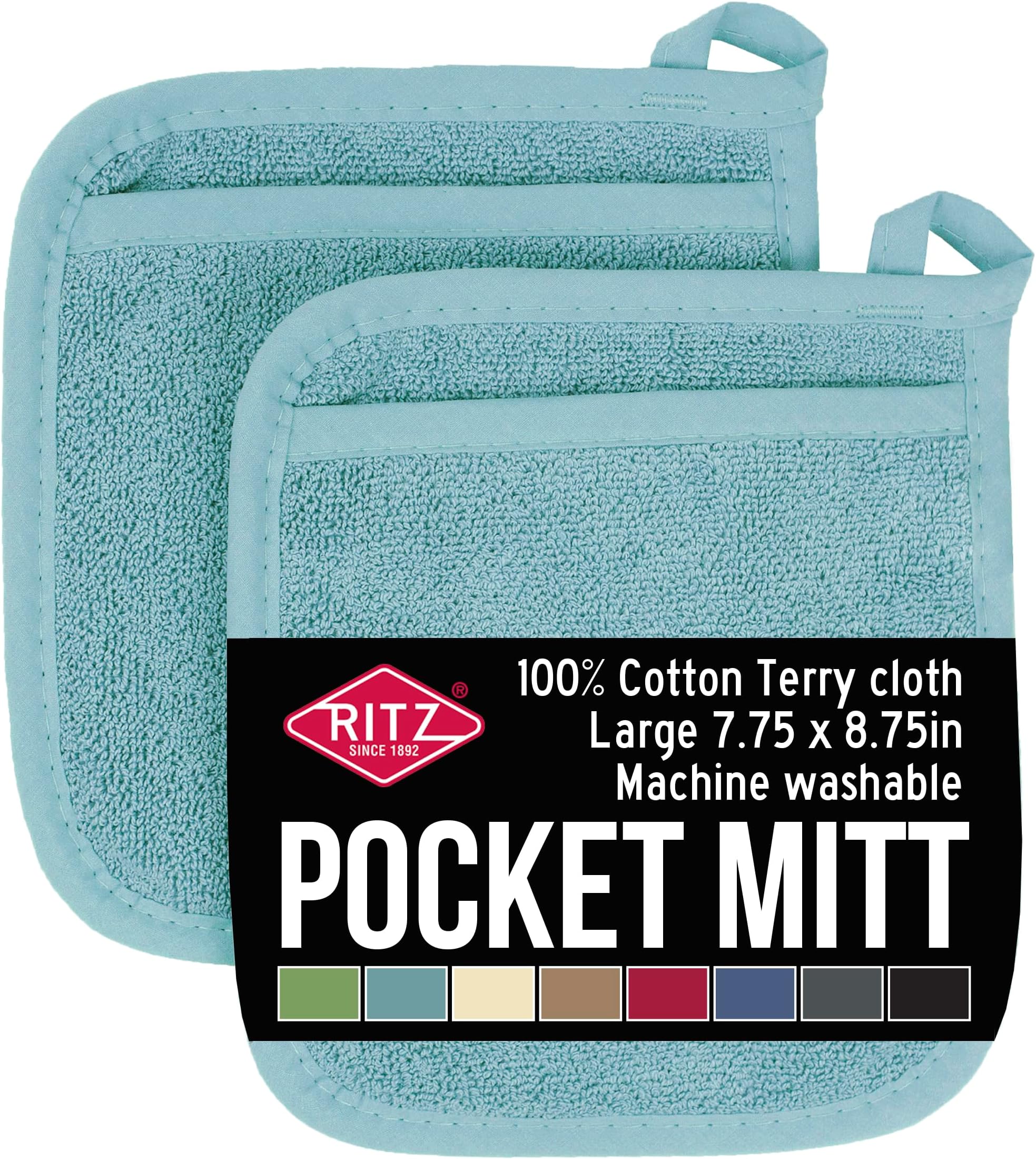 Terry Pocket Mitt & Hot Pad: Unparalleled Heat Resistant, Durable 100% Cotton – Ergonomically Designed for Optimal Grip – Easy-Care Machine Washable – 2-Pack, Dew
