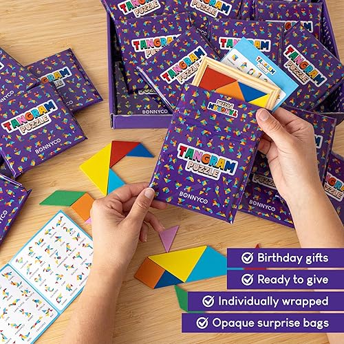 Miniatura 3 de BONNYCO Tangram Puzzle Paquete de madera 30 recuerdos de fiesta para niños. Bolsas de regalo para niños de 3-5, 4-8, regalos de devolución para