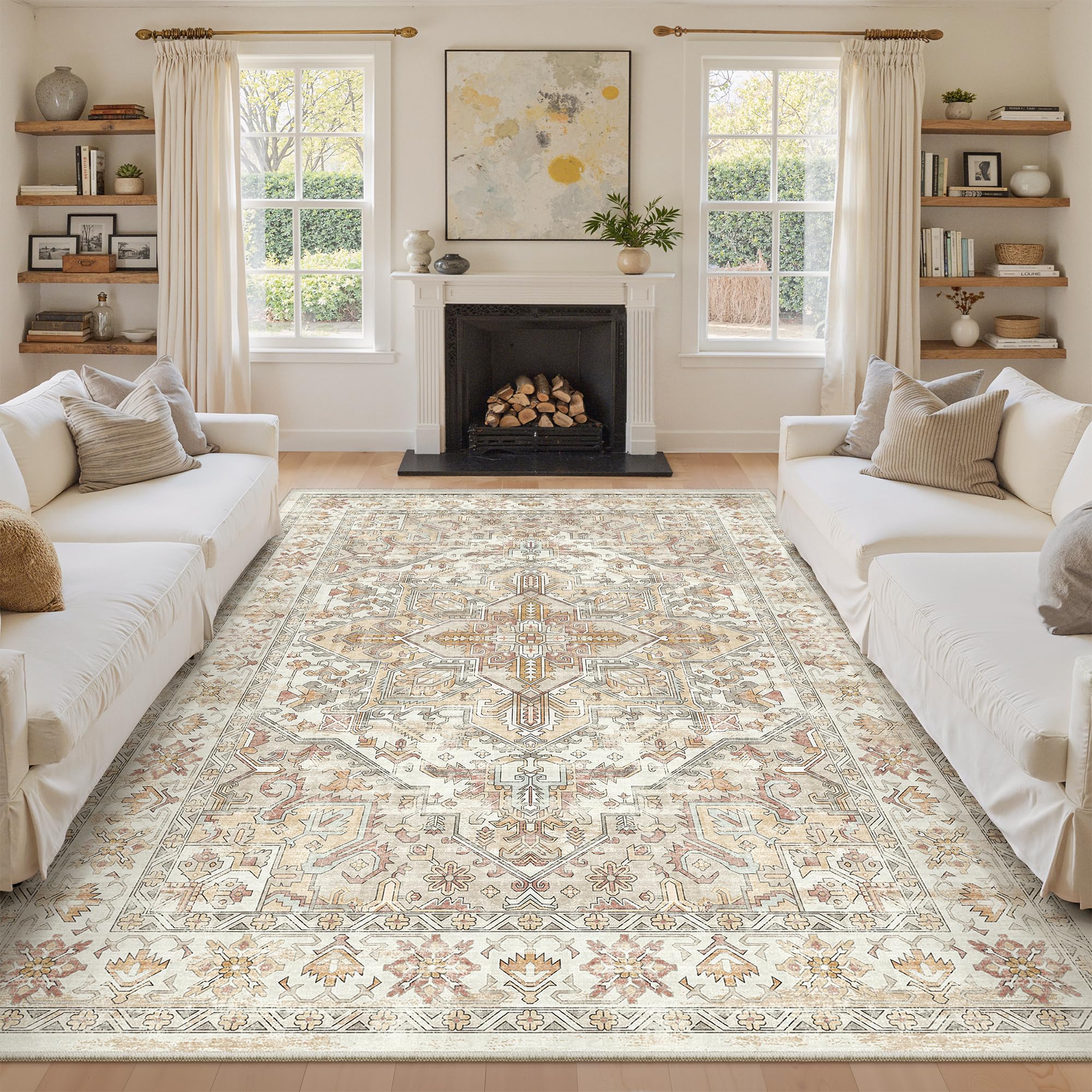 zesthome 9x12 Area Rugs-Washable Rug for Living Room, Non-Slip Backing Rugs, Stain Resistant Rug for Bedroom, Ultra-Thin Low Pile Rugs, Vintage Large Home Decor