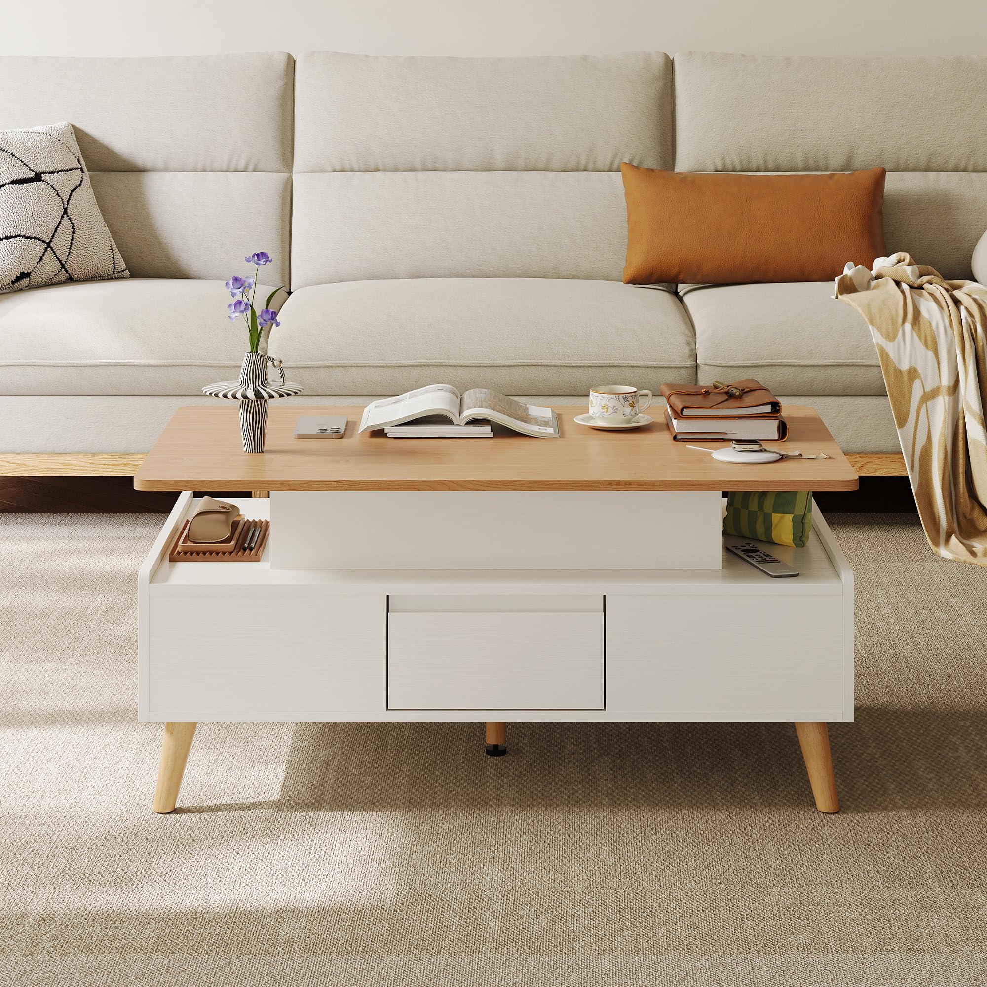 LINSY HOME Couchtisch Höhenverstellbar mit Stauraum, Höhenverstellbarer Coffee Table, Wohnzimmertisch mit 2 Großem Schubladen, 60 x 100cm Sofatisch