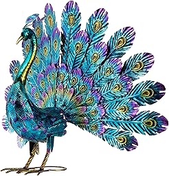Alpine Corporation 23" Tall Outdoor Metallic Peacock Tail Spread Yard Statue Decoration, Multi-Colour