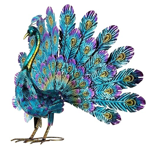 Alpine Corporation 23" Tall Outdoor Metallic Peacock Tail Spread Yard Statue, Vibrant Garden Sculpture for Patio, Lawn, or Entryway, Multicolor