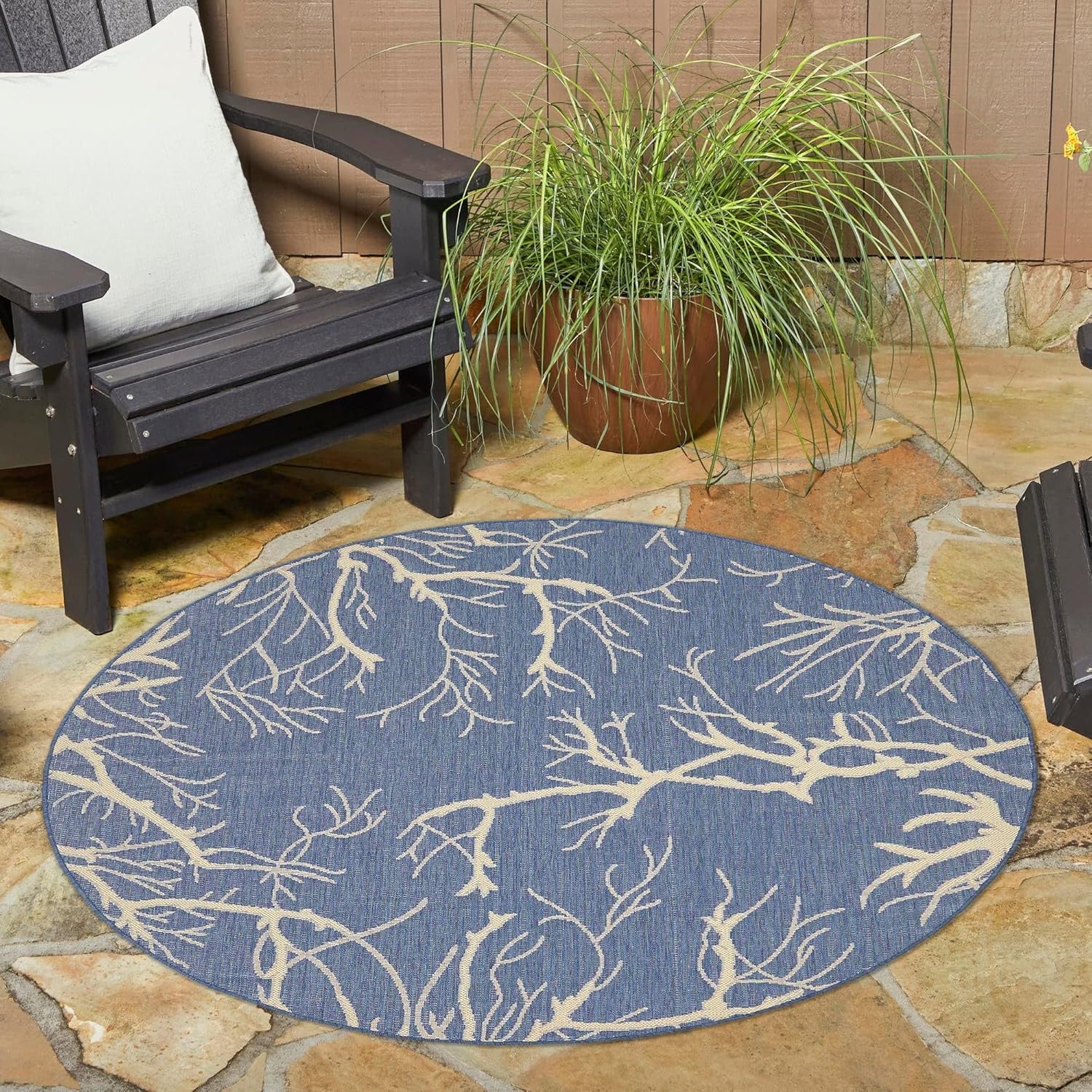 Rugs.com Outdoor Botanical Collection Rug – 6' Round Blue Flatweave Rug Perfect for Kitchens, Dining Rooms