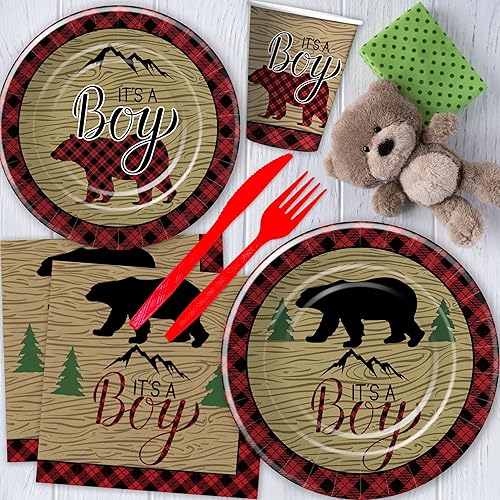 Miniatura 7 de Xigejob Decoraciones de leñador para baby shower, suministros de fiesta de leñador para bebé, plato, taza, servilleta, mantel, cubiertos, búfalo a