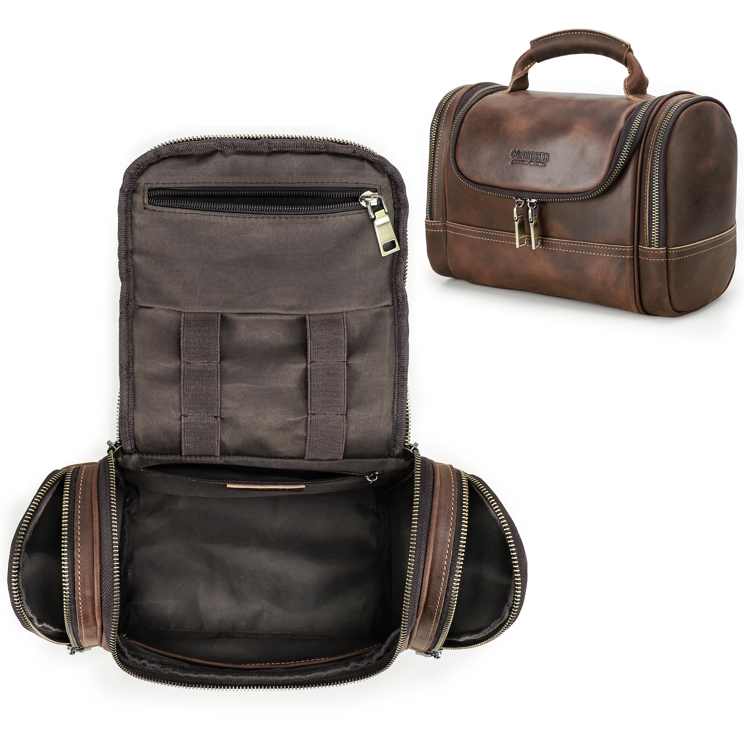 Top Grain Leather Travel Toiletry Bag Organizer for Man & Woman, Vintage Design, Large Size & Multi Pockets, Portable Large Capacity Travel Dopp Kit for Daily Toiletries/Cosmetics/Makeups, Coffee