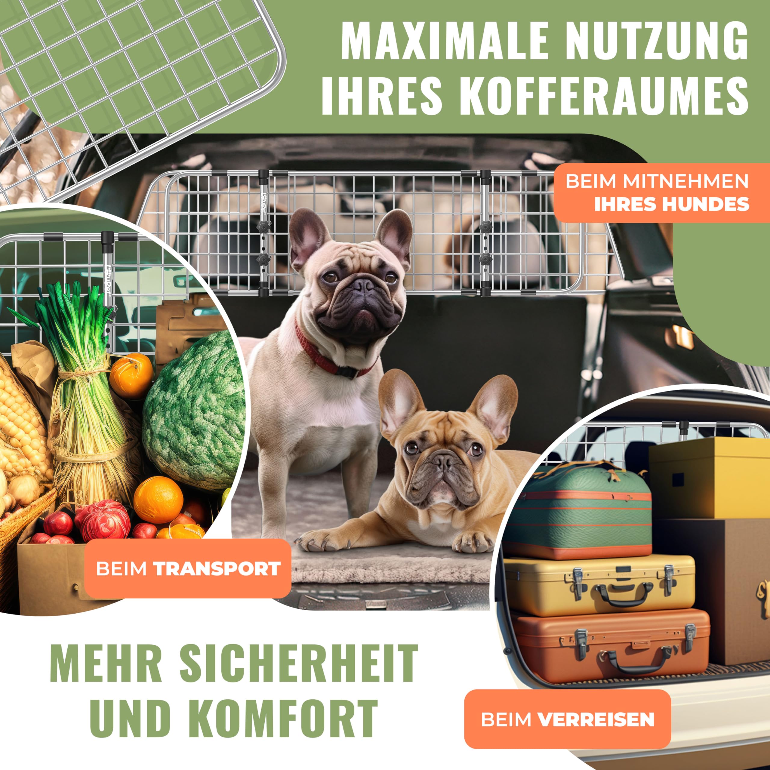 EUROCATCH Hunde Auto Set - Kofferraumdecke & Hundegitter 90-155cm Verstellbar