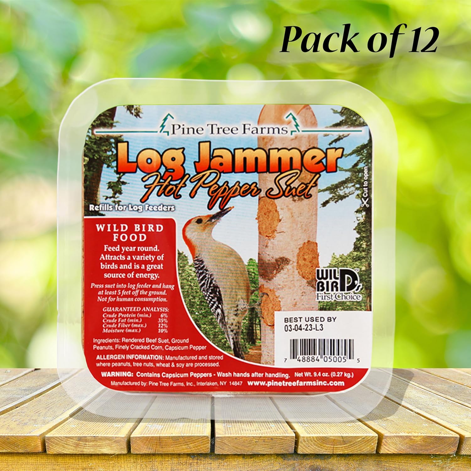 12 Packs of Pine Tree Farms Log Jammer Hot Pepper Suet- 3 Plugs Per Pack