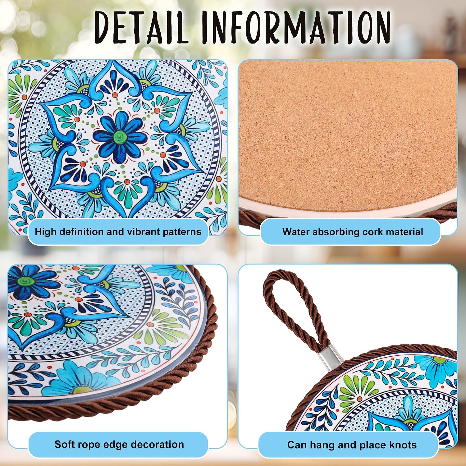 Trivets for Hot Pots and Pans, Ceramic Trivets Vintage Floral Heat Resistant Mats, Insulated Dish Pads for Dinning Room Table Kitchen Decor, Round 6.7 Inch Set of 2