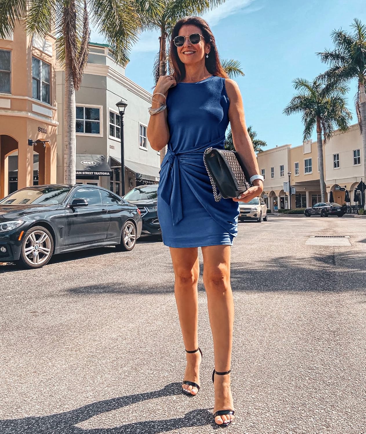 BTFBM Women's 2026 Summer T Shirt Dress Casual Sleeveless Wrap Bodycon Ruched T Shirt Spring Dress Tie Waist Mini Dresses - Image 6