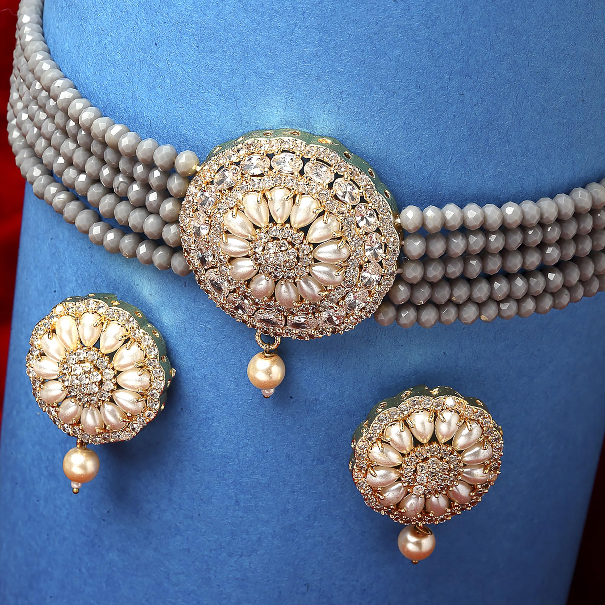 American Diamond Plated Brass Pearl Choker Necklace Set
