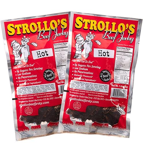 Strollo's Beef Jerky Paquetes de aperitivos  Hot 2 Pack  Bajo en sodio, bajo en azúcar, bajo en carbohidratos  Fabricado con carne de res natural de