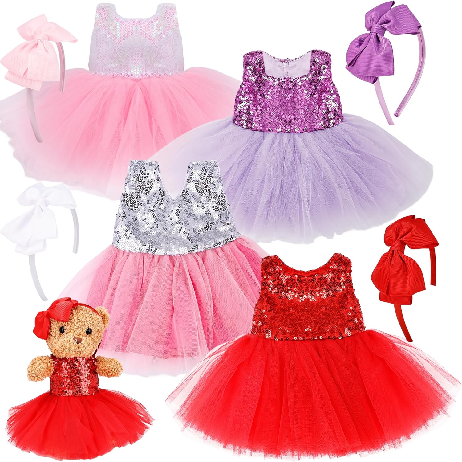 8 Pcs Bear Clothes with Headbands Stuffed Animals Dress Outfit Doll Tutu Skirt Fits 12-16 Inch Plush Teddy Bear Make Own Stuffed Animals Accessories Valentine's Day DIY
