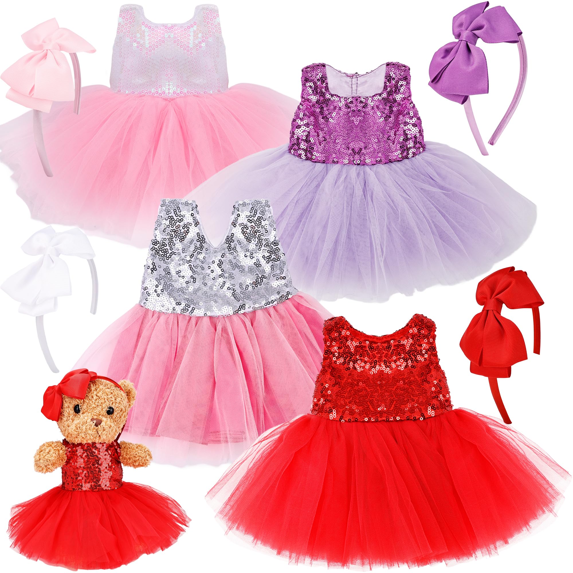 8 Pcs Bear Clothes with Headbands Stuffed Animals Dress Outfit Doll Tutu Skirt Fits 12-16 Inch Plush Teddy Bear Stuffed Animals Accessories for Valentine's Day DIY