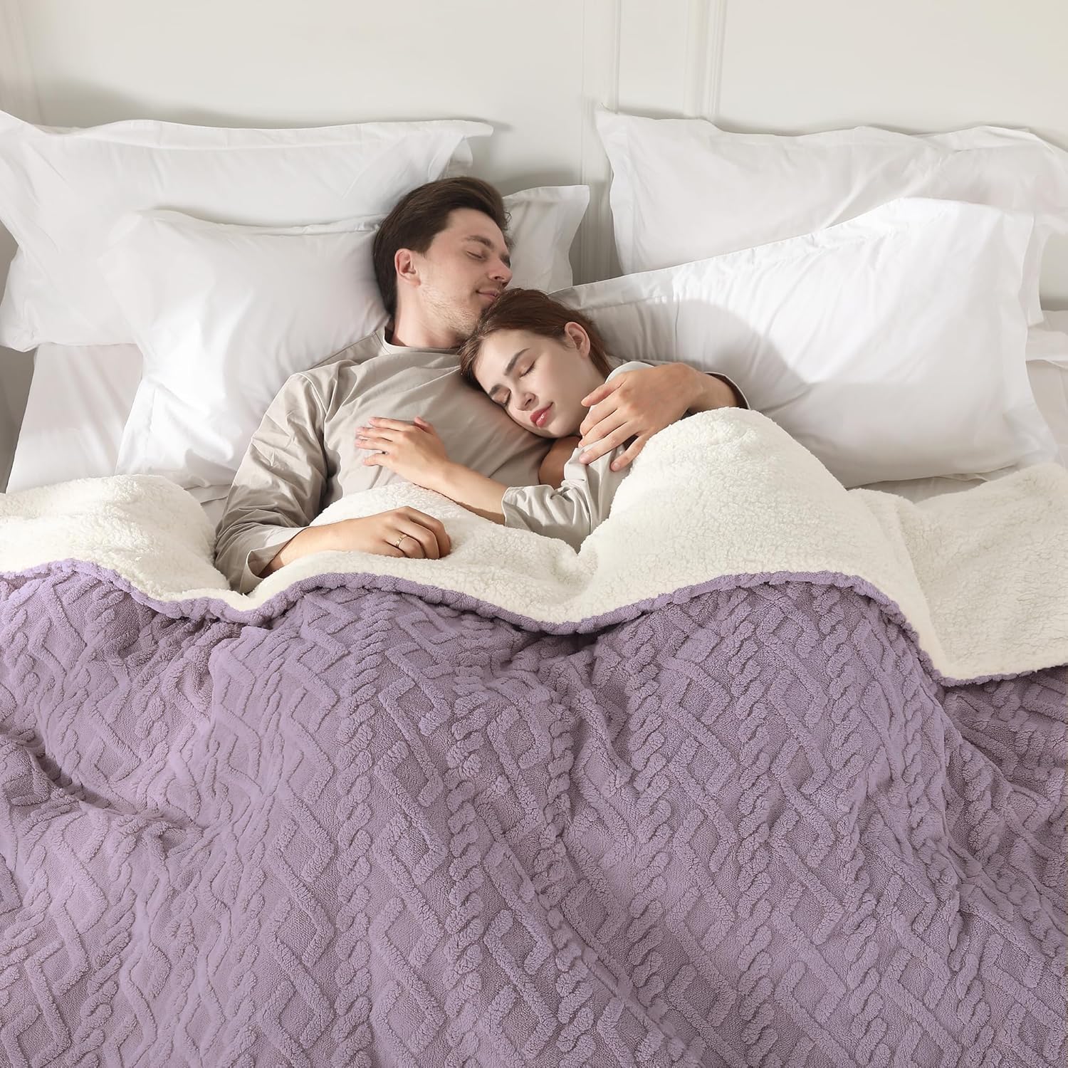 Electric Heated Blanket, 3D Pattern Design, Queen Size Heated Blanket Soft Warming Plush Electric Blanket Sherpa with 5 Heating Levels & 10 Hours Auto Off, Machine Washable, Lavender Violet
