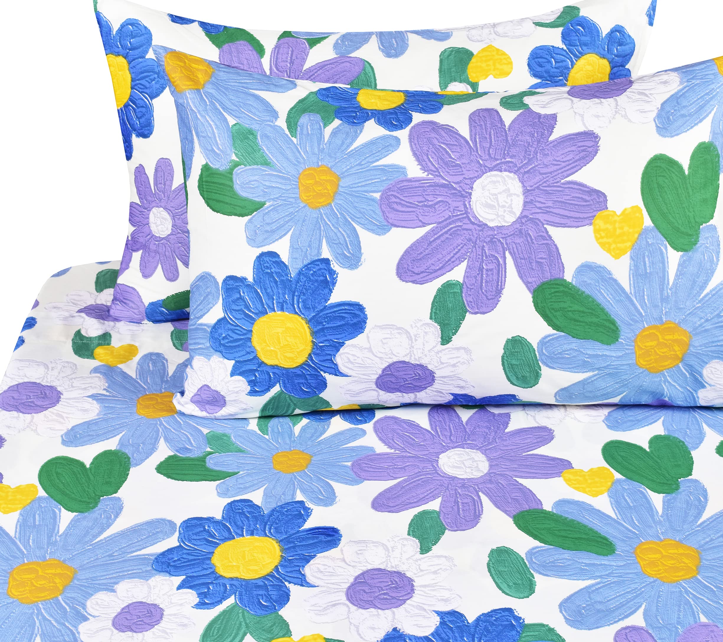 J-pinno Puple Blue Daisy Oil Painting Teen Kids Boys Girls 4 Pcs Full Sheet Set Bedroom Decoration Gift, 100% Cotton, Flat Sheet + Fitted Sheet + Pillowcase Bedding Set