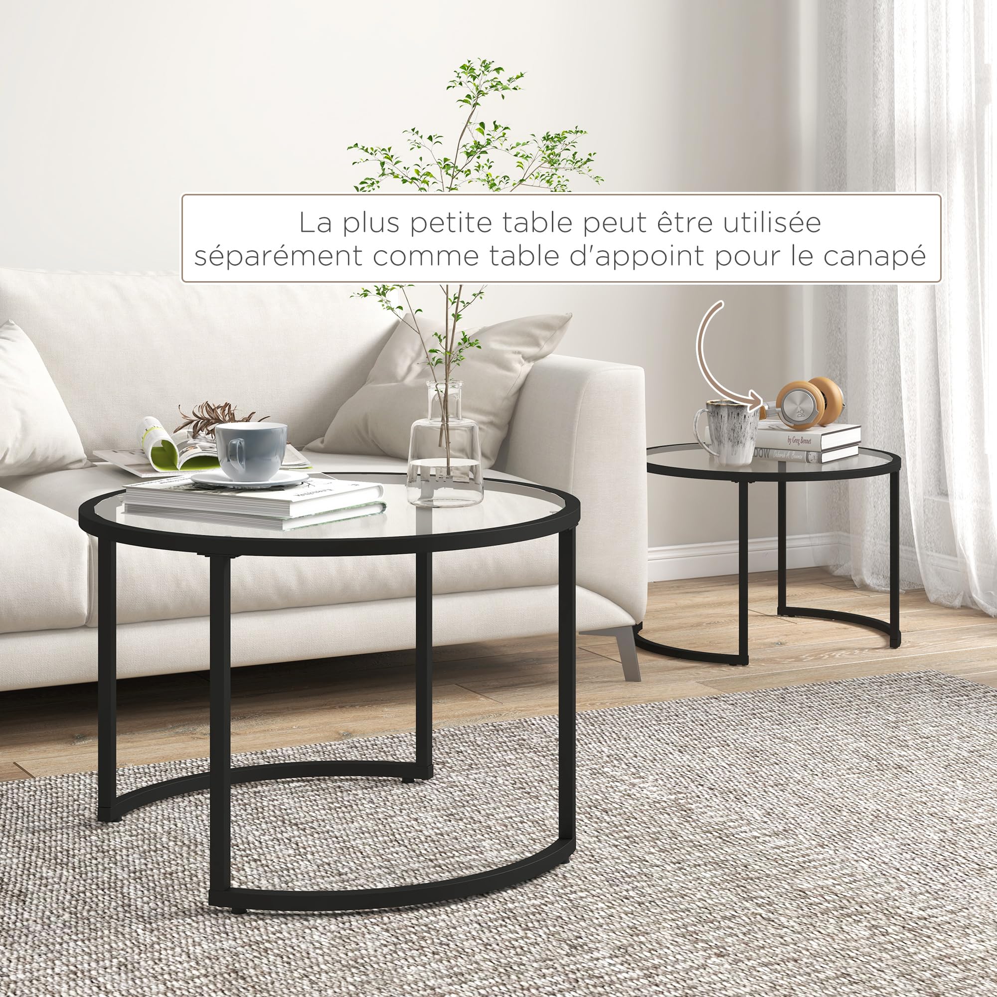 HOMCOM Lot de 2 Tables Basses gigognes Rondes 70/54 cm Plateau Verre trempé et Pied en Acier au Carbone Design Moderne Noir