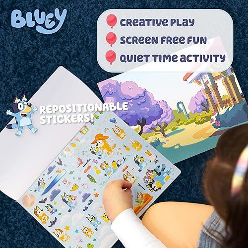 Miniatura 5 de Bluey Almohadilla adhesiva reposicionable, más de 165 calcomanías extraíbles y 5 escenas de juego, almohadilla de calcomanías jumbo, juguetes de