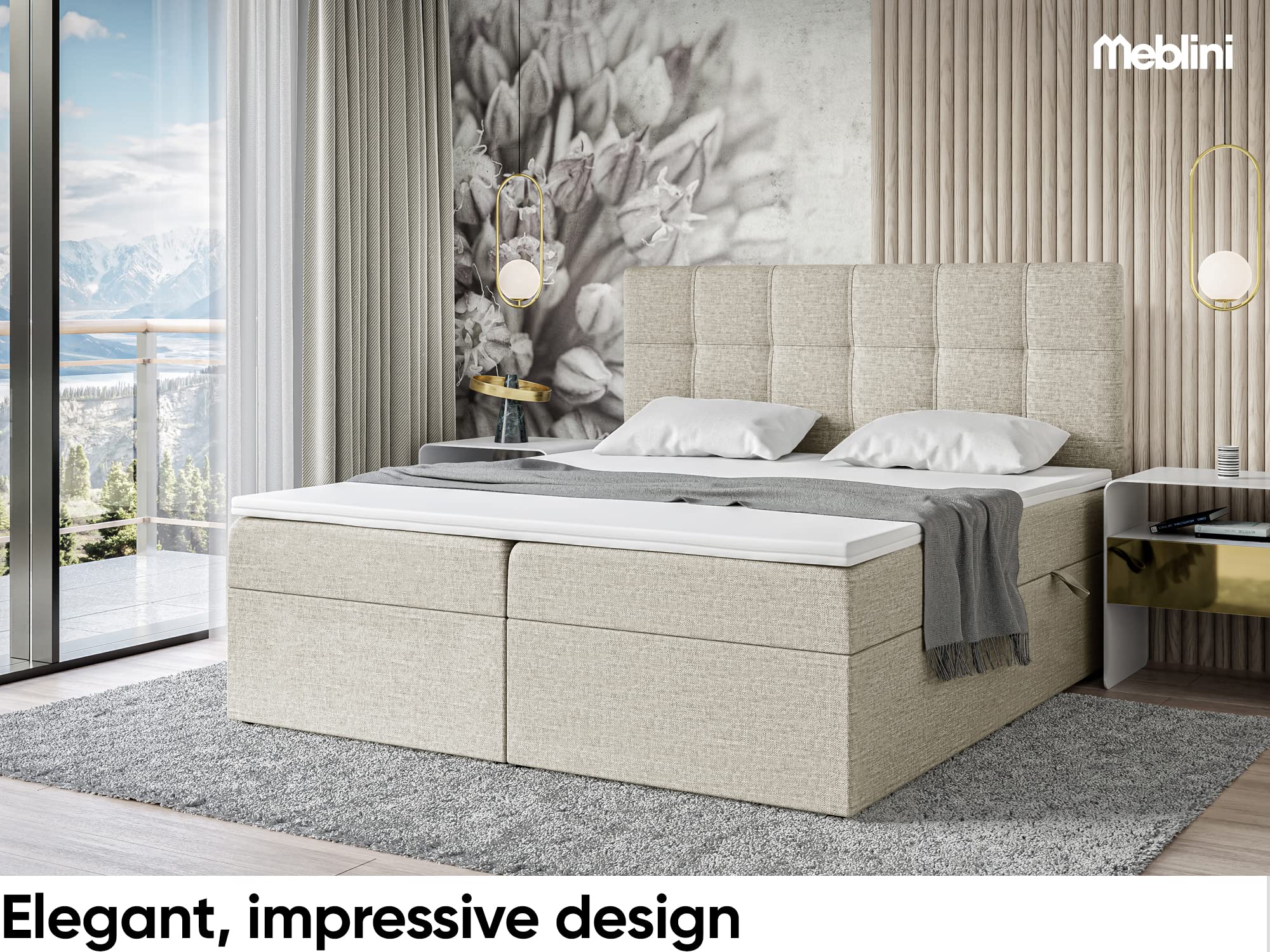 MEBLINI Boxspringbett mit Bettkasten - 180x200 - Gepolstert Doppelbett mit Matratze und Topper - Polsterbett mit Stauraum - Bett mit Kopfteil - Stauraumbett - NILS - H3/Beige Webstoff