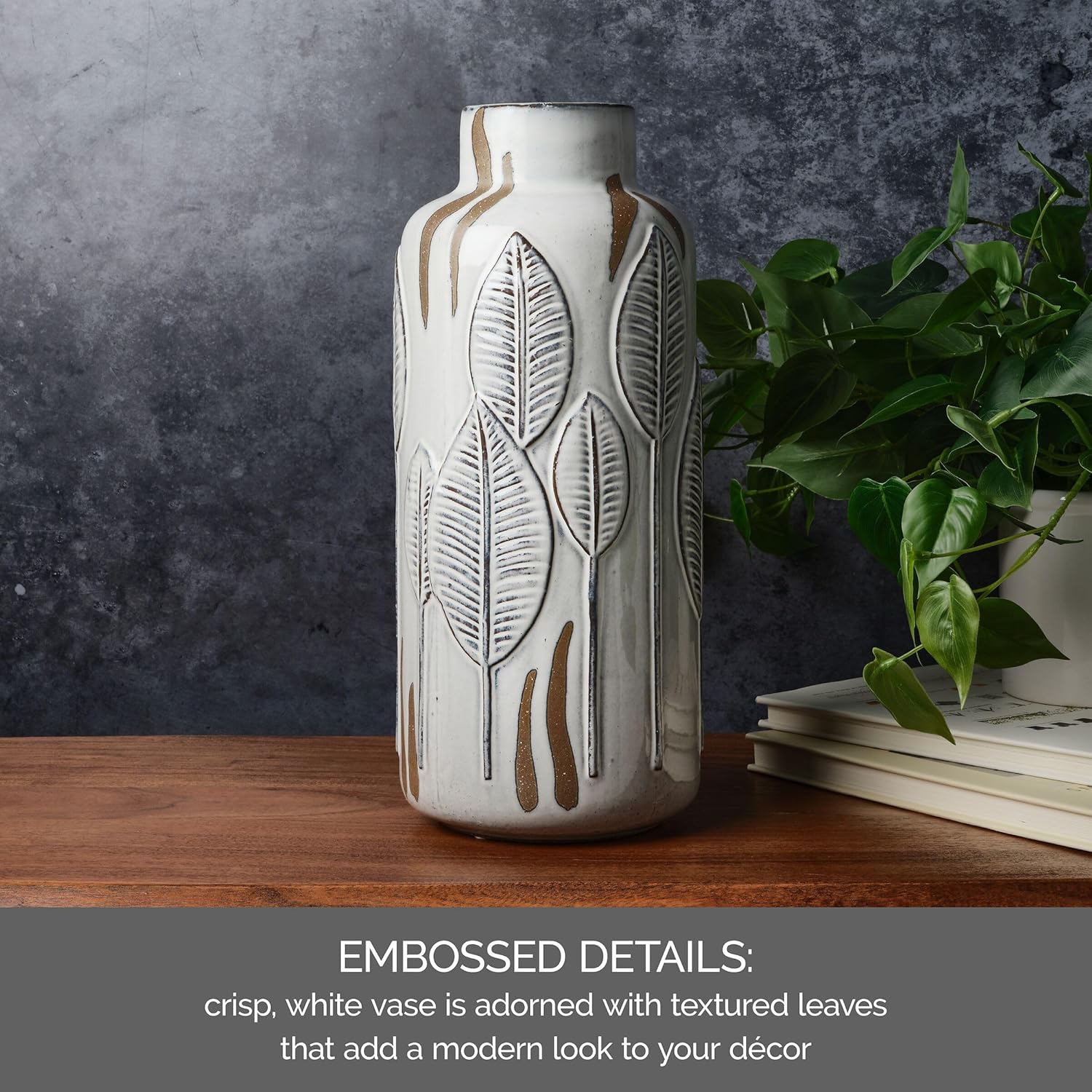 Mikasa Embossed Leaves White and Beige Ceramic Vase, 5.91x5.91x13.78 Inch
