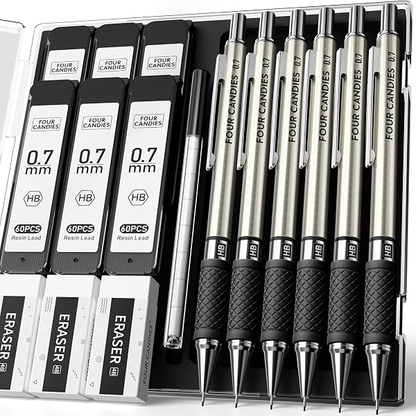 Metal Mechanical Pencil Set with Case, 6-Pack 0.7mm Medium Point