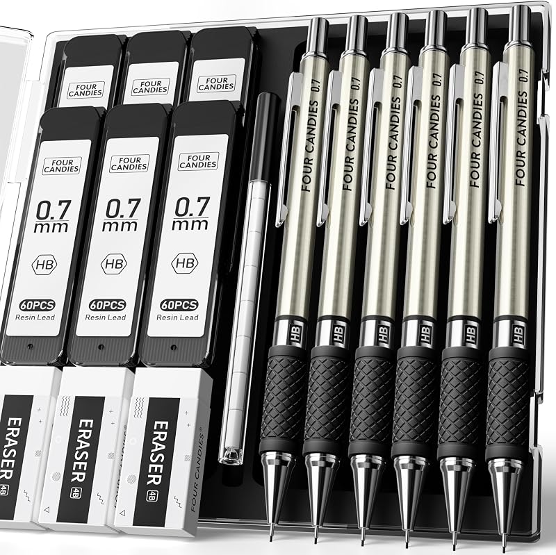Metal Mechanical Pencil Set with Case, 6-Pack 0.7mm Medium Point | 360 Leads, 12 Erasers, Non-Slip Grips, For School Writing, Sketching, Art Drawing & Professional Drafting