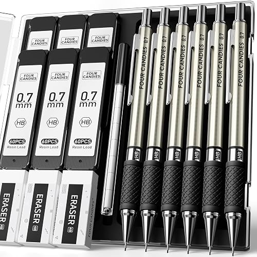 Metal Mechanical Pencil Set with Case, 6-Pack 0.7mm Medium Point | 360 Leads, 12 Erasers, Non-Slip Grips, For School Writing, Sketching, Art Drawing & Professional Drafting
