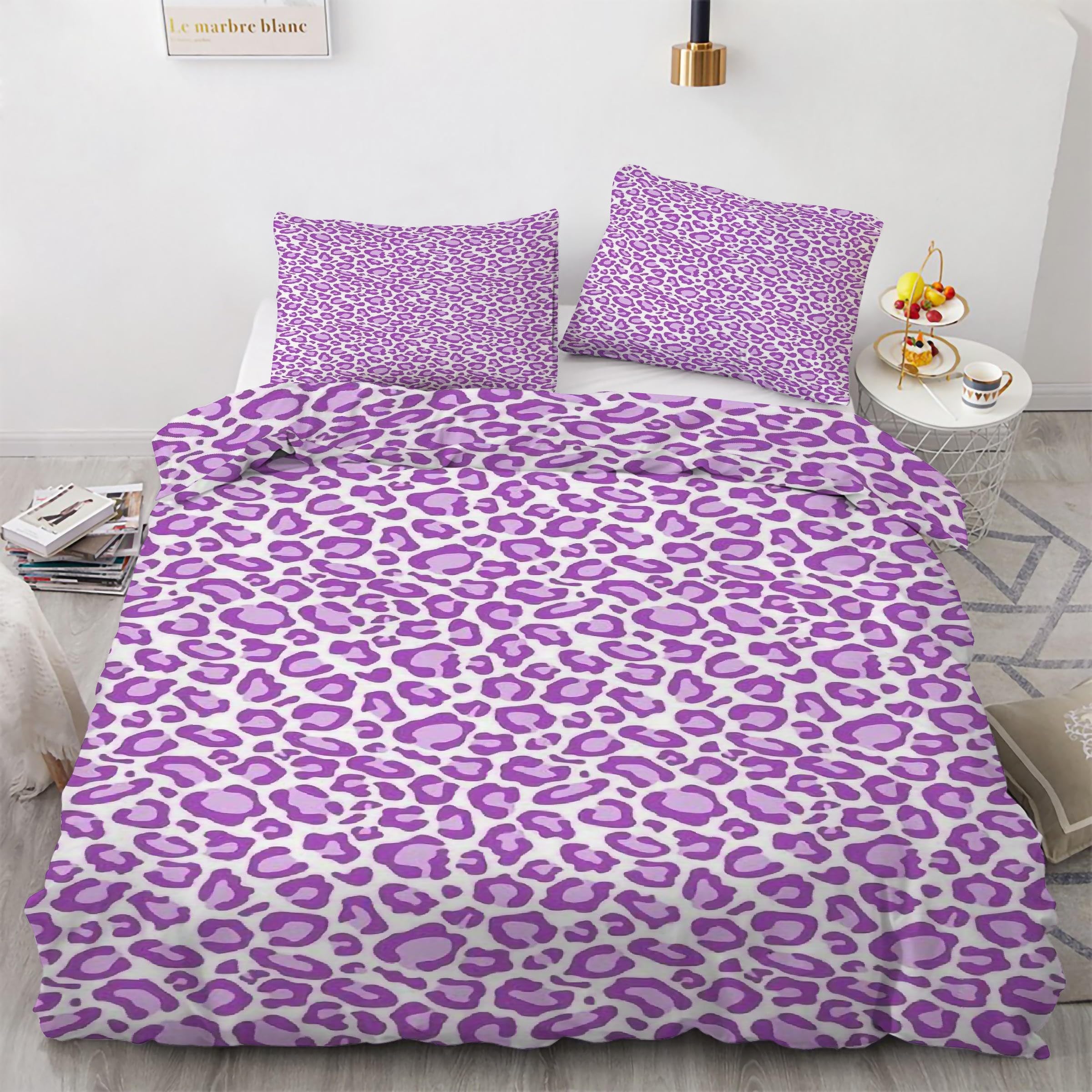 Parure de lit 220x240 violette avec housse de couette imprimé léopard 3 pcs