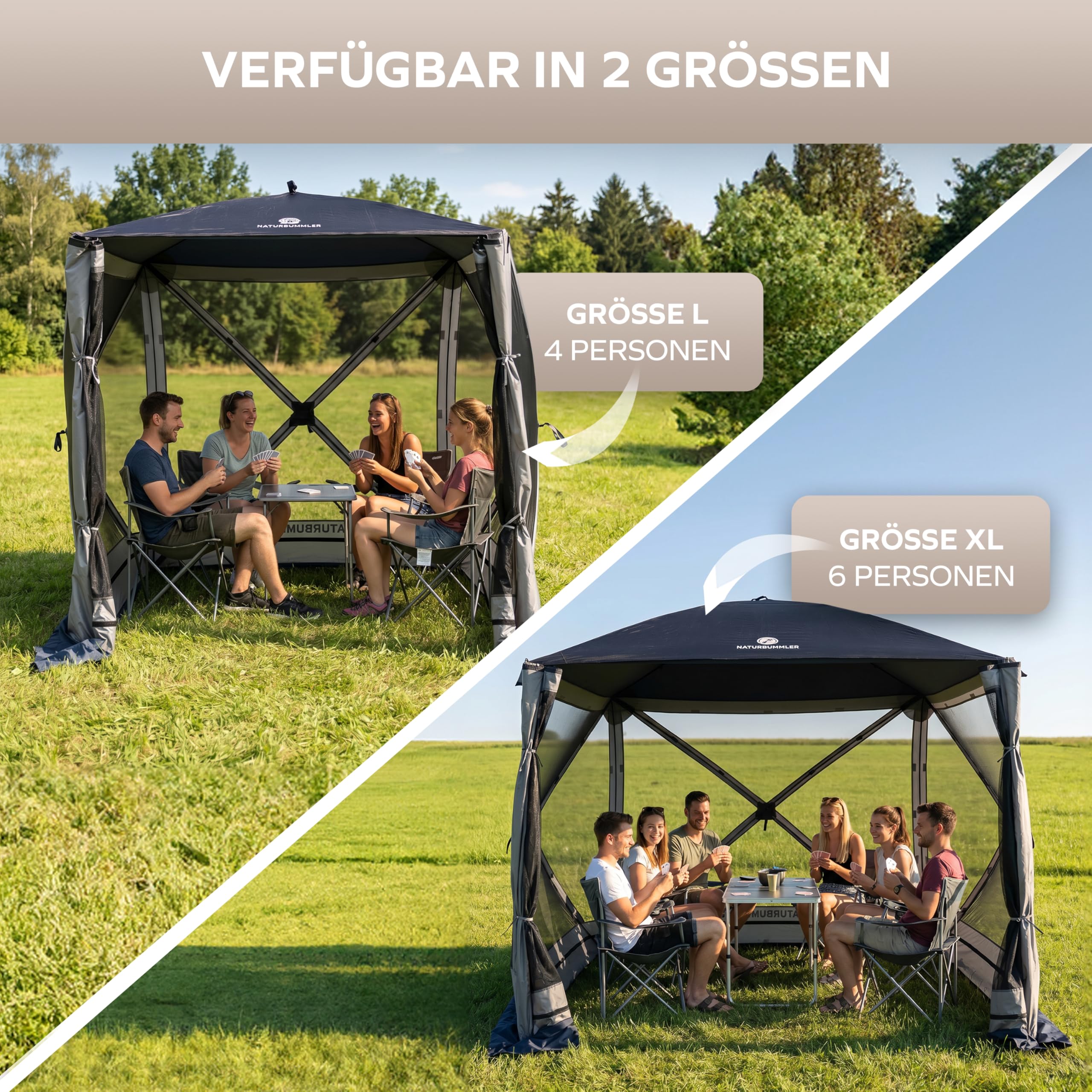 NATURBUMMLER Pavillon faltbar [CampBase L] Faltpavillon 1,80 x 1,80m mit Pop Up System für bis zu 4 Personen (Schnellaufbau in Minuten) Camping Pavillon wasserdicht mit UV-Schutz & Moskitonetz