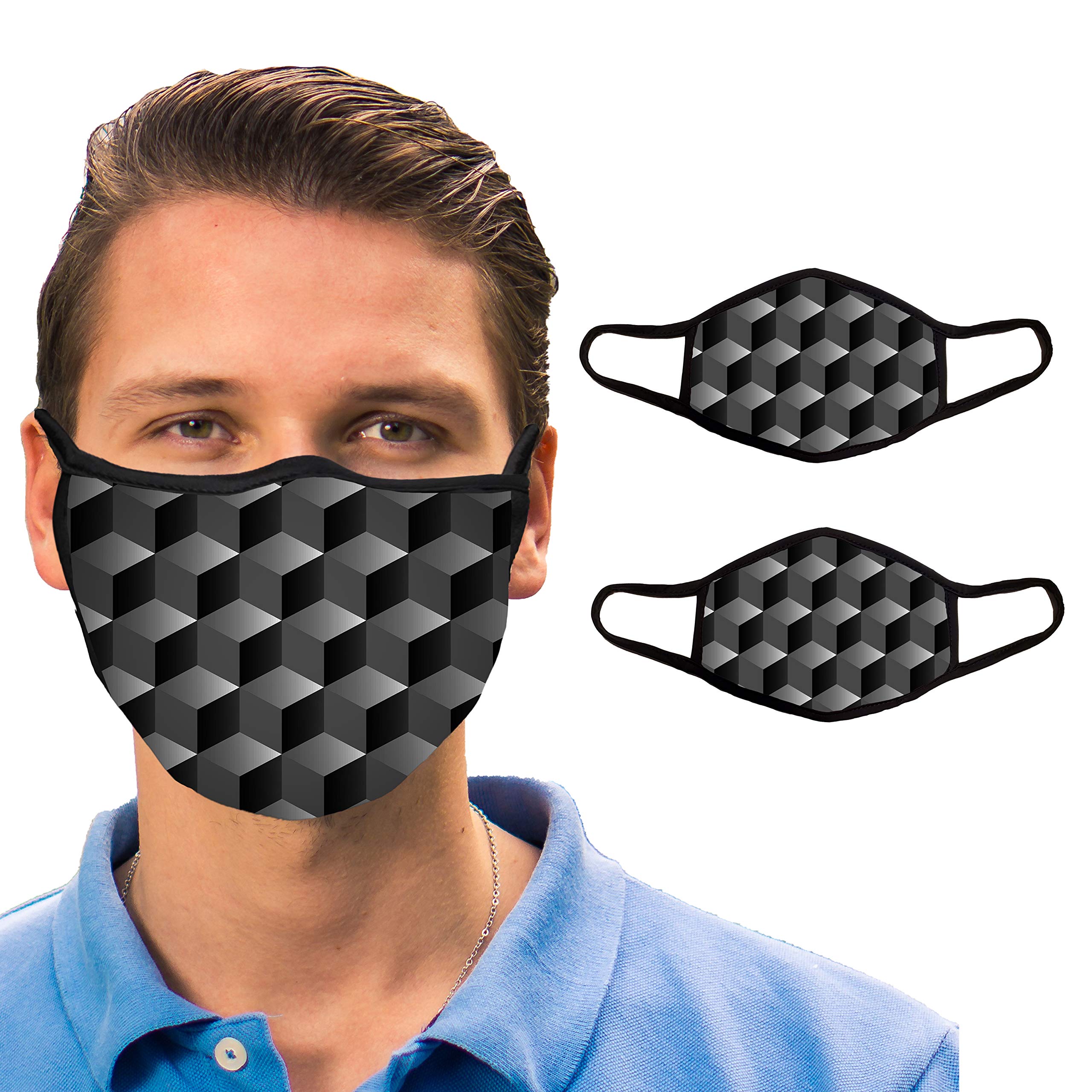 2 Pack Large Cloth Face Mask, Adjustable Nose Clip, Multiple Layers of Cotton, 3-Layer Face Cover, Custom Designs (Black Diamonds) (Cubes)