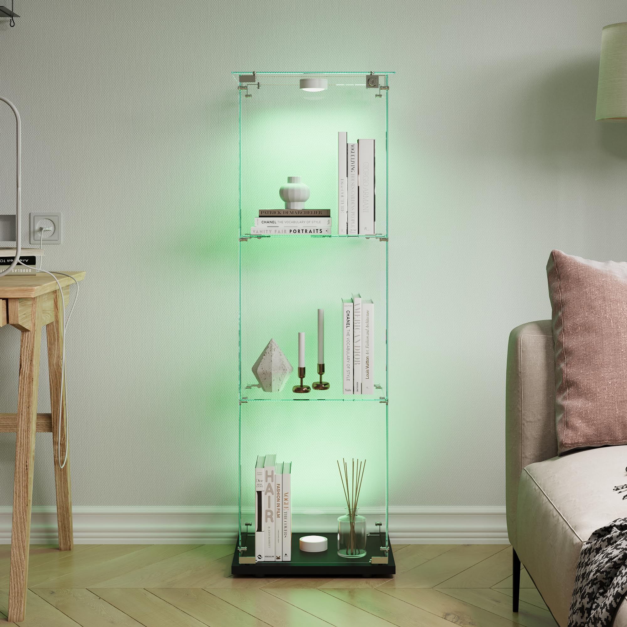 vitrina de cristal con LED, armario de colección moderno con 3 estantes 1 puerta, vitrina de pie para sala de estar, dormitorio, oficina, 123 x 40 x 35 cm (negro + puertas individuales + luces