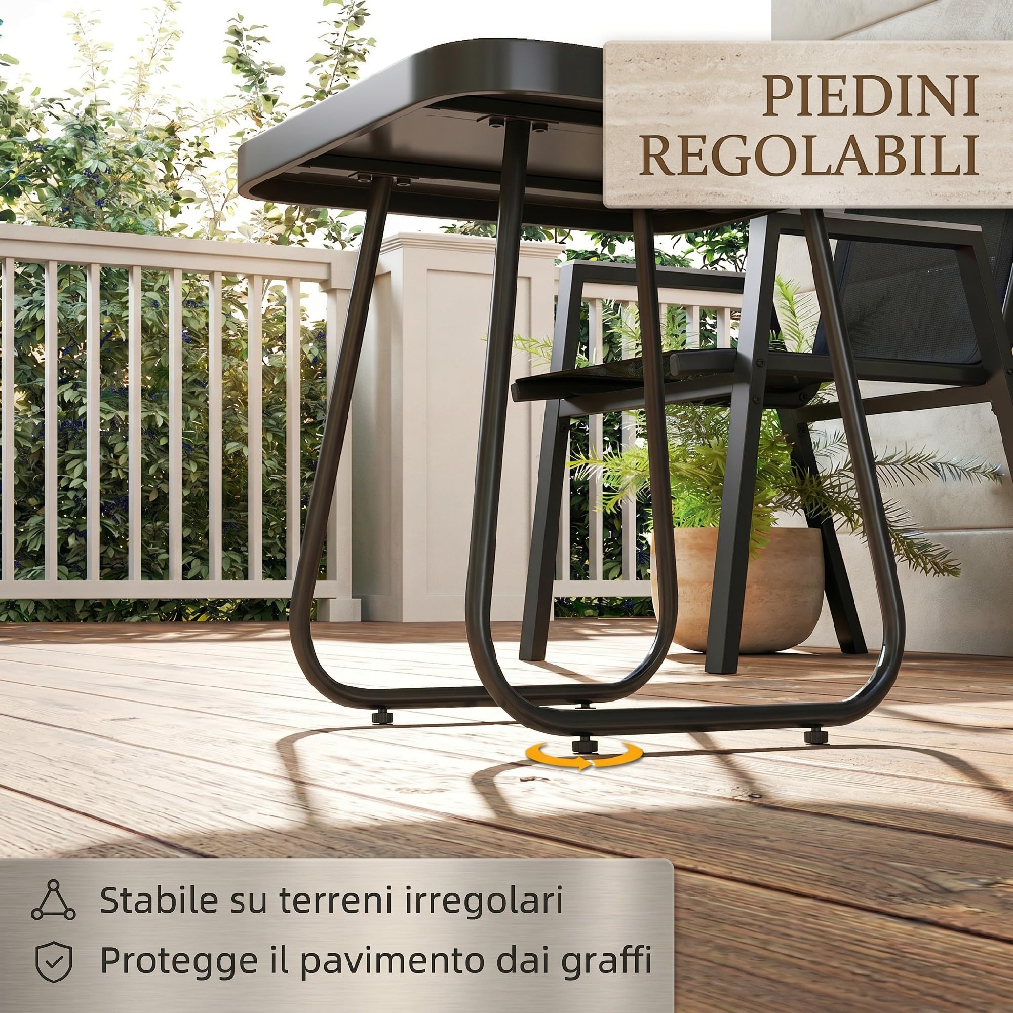 Outsunny Set da Bistrò da 3 Pezzi con 2 Sedie in Texteline, Tavolo Effetto Marmo e Braccioli Decorativi, Set di Mobili da Giardino in Metallo per Terrazzo Patio Balcone, Nero