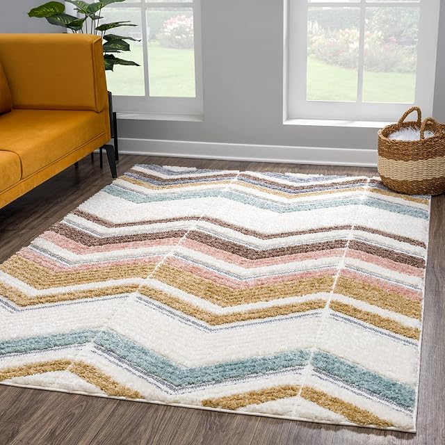 Dywan do salonu, wysokie runo, 80 x 150 cm, pastelowe kolory, geometryczny, zygzak, styl boho, skandynawski, puszysty, miękki, do sypialni