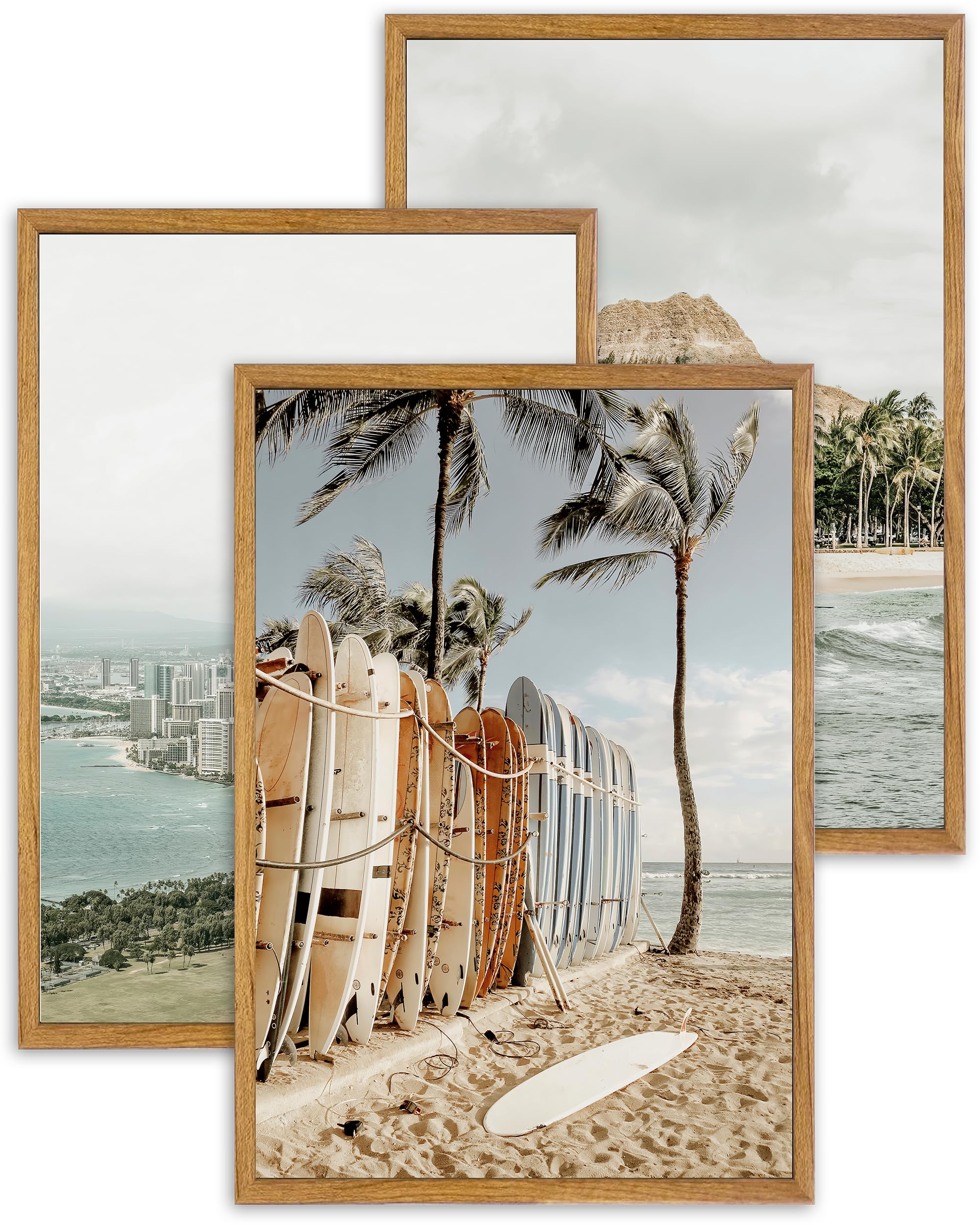 UPWOIGH Large Framed Wall Art, Set of 3 Hawaii Surf Decor, Hawaiian Islands Photos, 16x24in(40x60CM) Natural Cotton Travel Art Prints, Modern Beach Aesthetic for Living Room, Bedroom, Office,Gifts