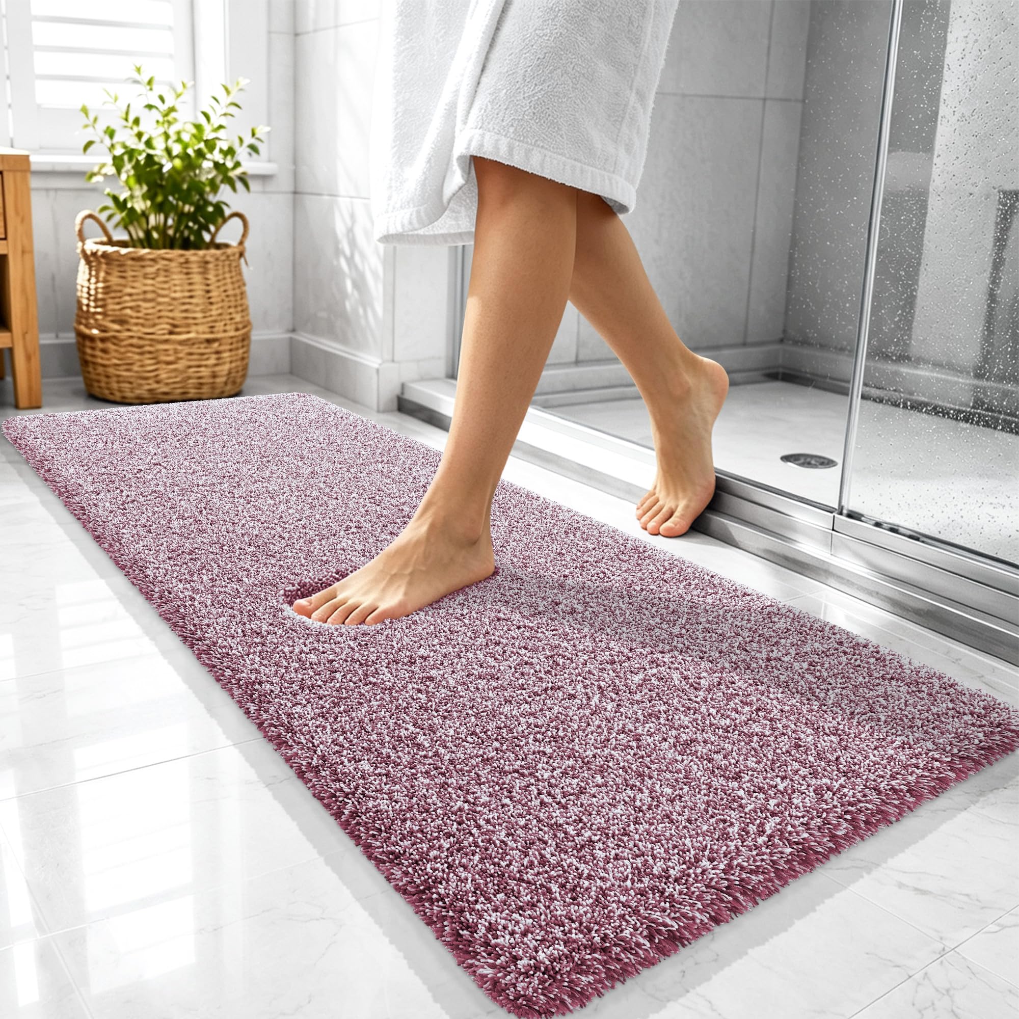 OLANLY Microfiber Bathroom Rugs 47x20, Quick Dry Mat, Burgundy and White