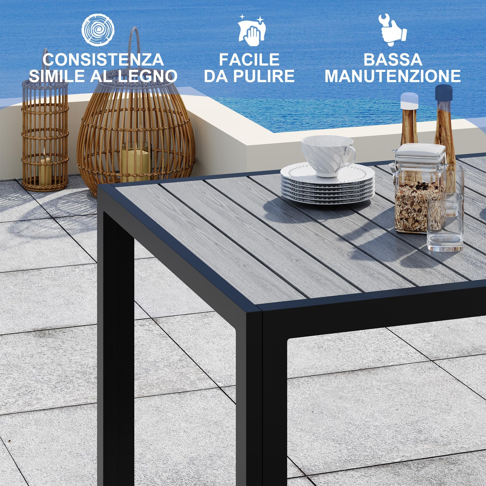 Devoko Tavolo da Giardino HDPS Resistente alle Intemperie, 189 x 80 x 74 cm Tavolino da Esterno Finitura a Vena di Legno e Facile da Manutenzionare, Tavolo da Pranzo Esterno per 6 a 8 Persone (Grigio)
