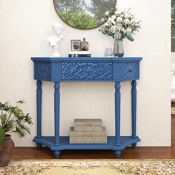 Blue Console Table with Drawer, Narrow Entryway Table with Embossed Pattern, Accent Table for Living Room, Entryway, Hallway, Blue