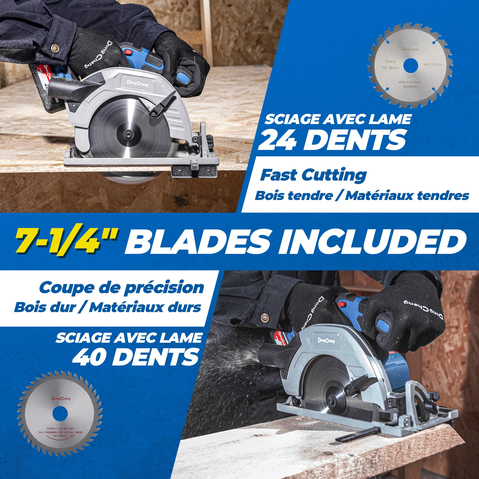 Dong Cheng Scie Circulaire Sans Fil Ø185 mm, 5000 RPM, Profondeur Coupe 65(90°)/45mm(45°), Avec 3 lame de scie Ø 185 x Ø 20 mm et Rail Guide, pour Bois, Carrelage, Métal Mou