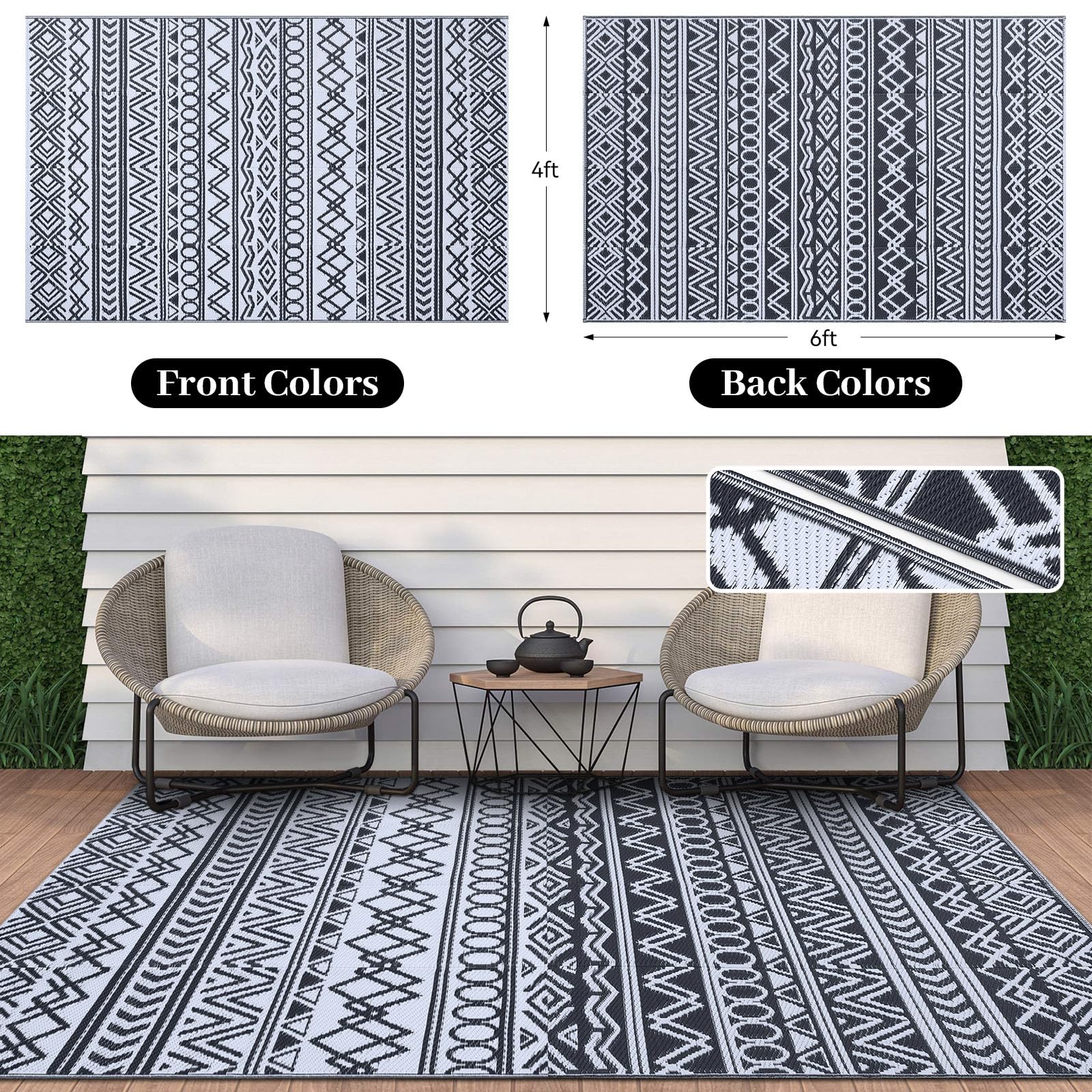 smiry Outdoor Teppich Wetterfest 120 x 180 cm, Modern UV-beständig Geometrisches für Terrasse Balkon Garten Wohnzimmer, Schwarz & Weiß